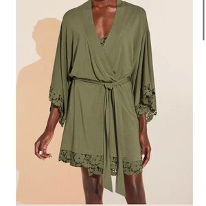 Eberjey Naya Olive Green Robe with Lace Detail - xs